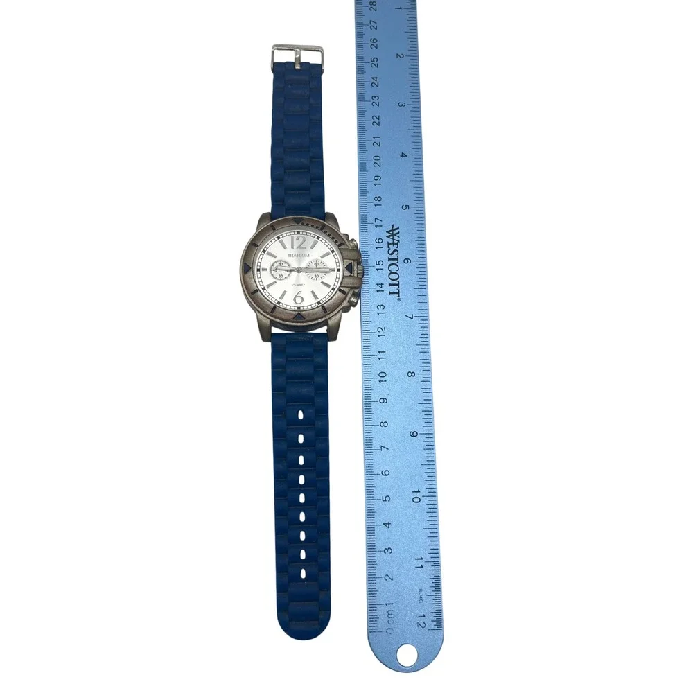 Titanium Quartz Watch Blue Silicone‎ Strap Silver Chronograph Dial Japan Movt